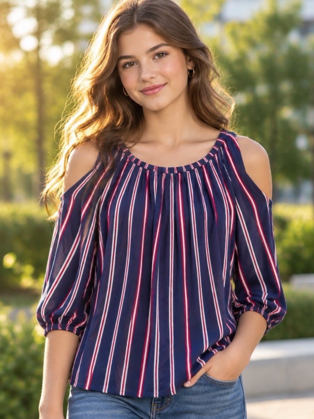 Abercrombie Kids Girls 15/16 Cold Shoulder Striped Blouse Navy Red White